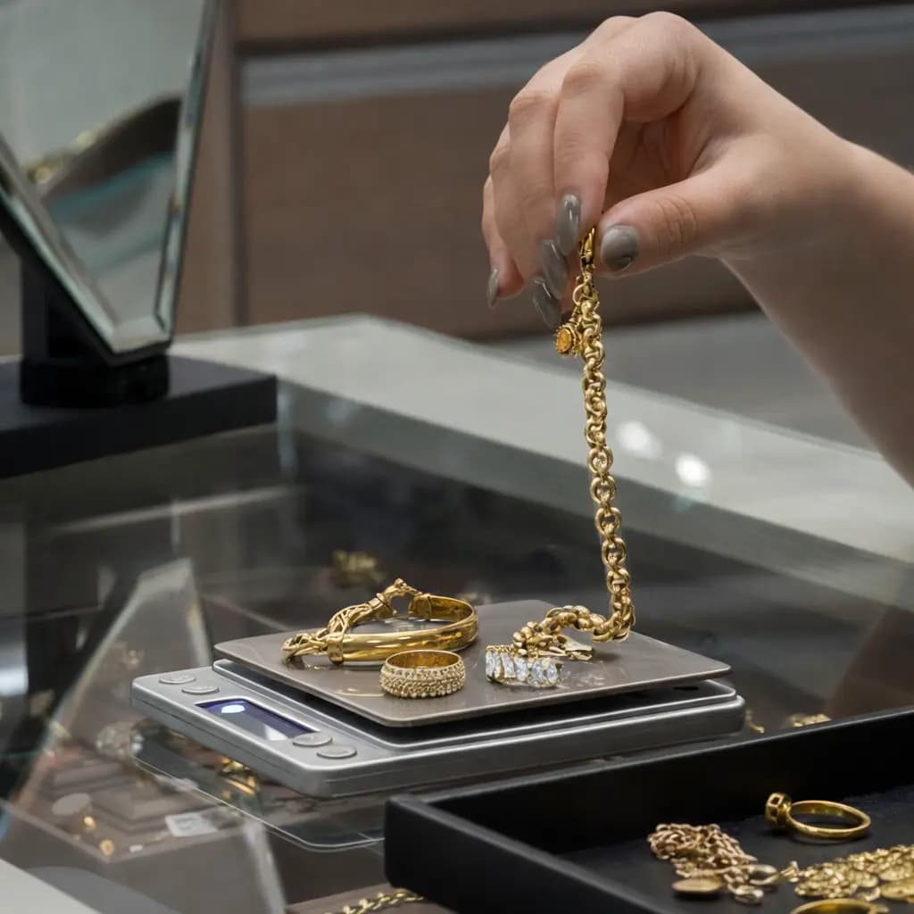 Avaliação profissional de joias em balança de precisão